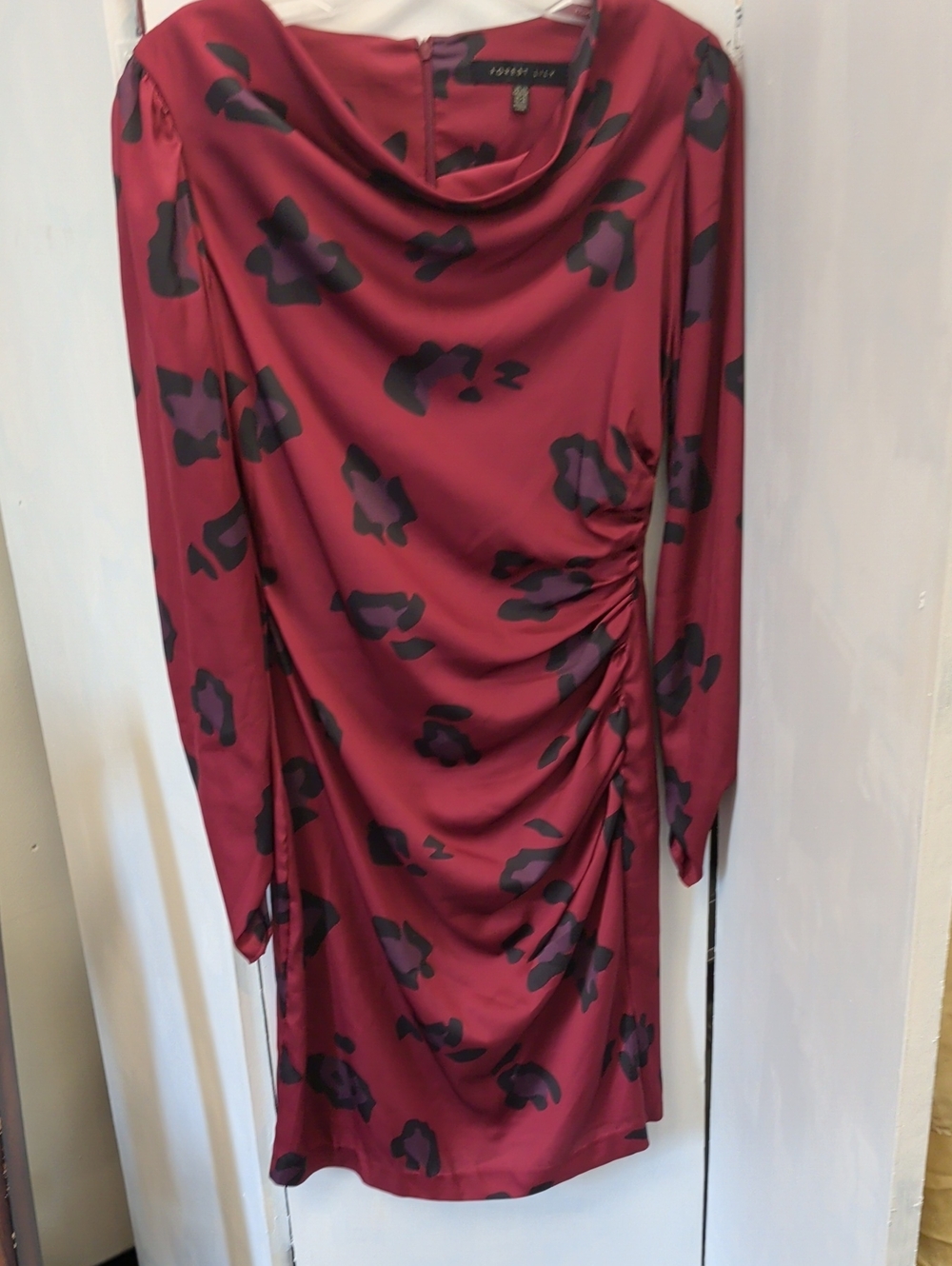 Forest  Lily Burgundy Ruched Leopard-Print Cowl Neck Dress